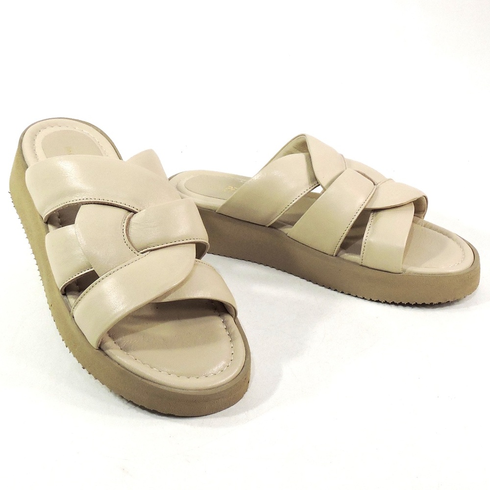 PAOLA FABIANI 🇮🇹 WOMEN'S BEIGE LEATHER COMFORT FLAT PLATFORM MULES - Picture 1 of 7